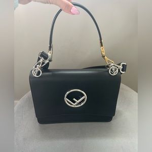 Fendi Black Calfskin Leather Kan I Logo Shoulder Bag
